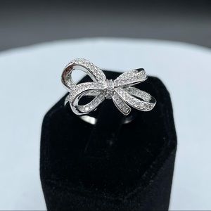 Beautiful Round Cut White Micro Paved Diamond CZ Ribbon Bow Silver Plated Ring